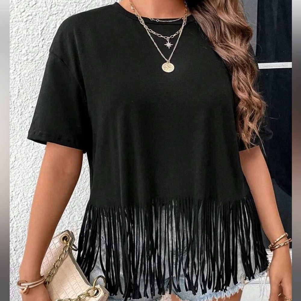 SHEIN Fringe Hem Drop Shoulder Tee
